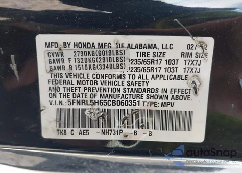 2012 Honda Odyssey Ex-L z USA, uszkodzony, nr VIN 5FNRL5H65CB060351
